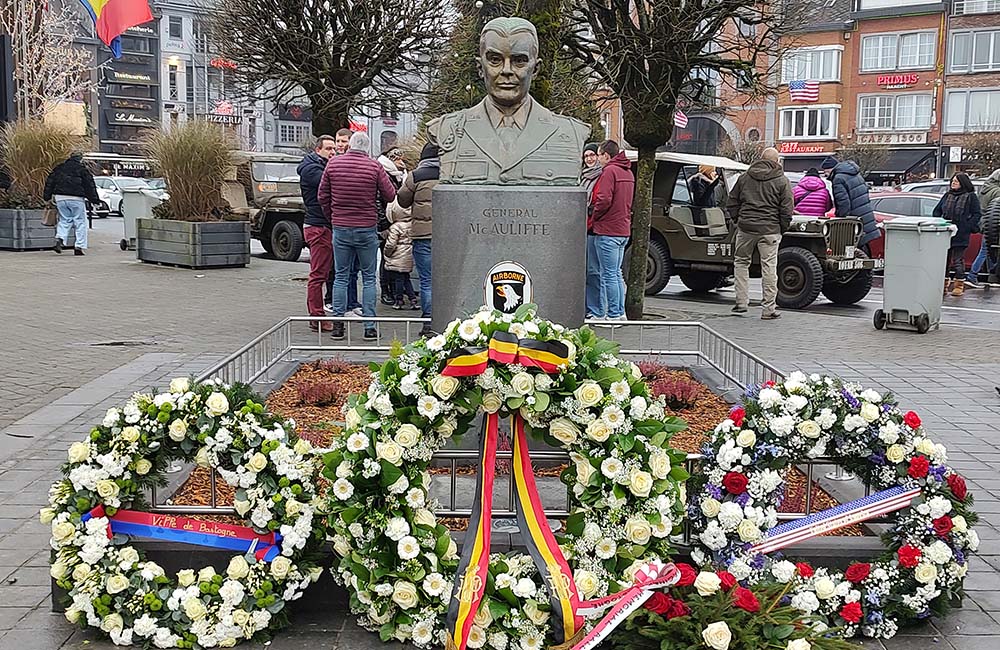 Wreaths around the statue of General McAuliffe